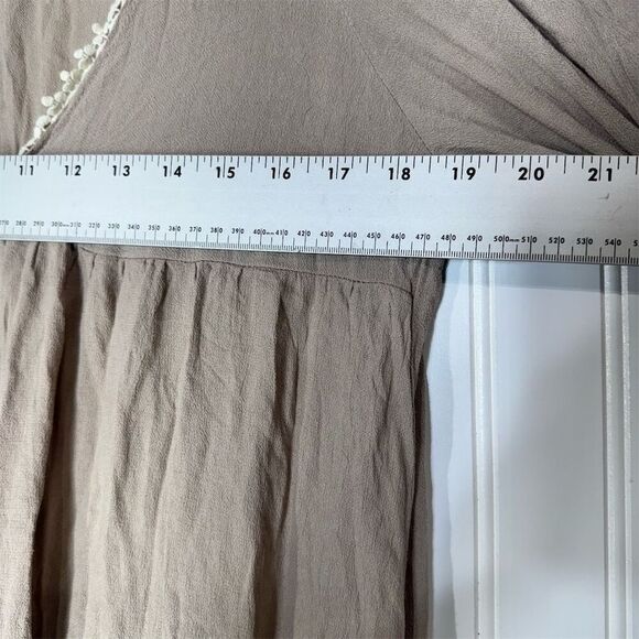 Kori America L Boho Taupe Mini Dress Crochet Bell Sleeve Babydoll Lagenlook - Picture 4 of 9